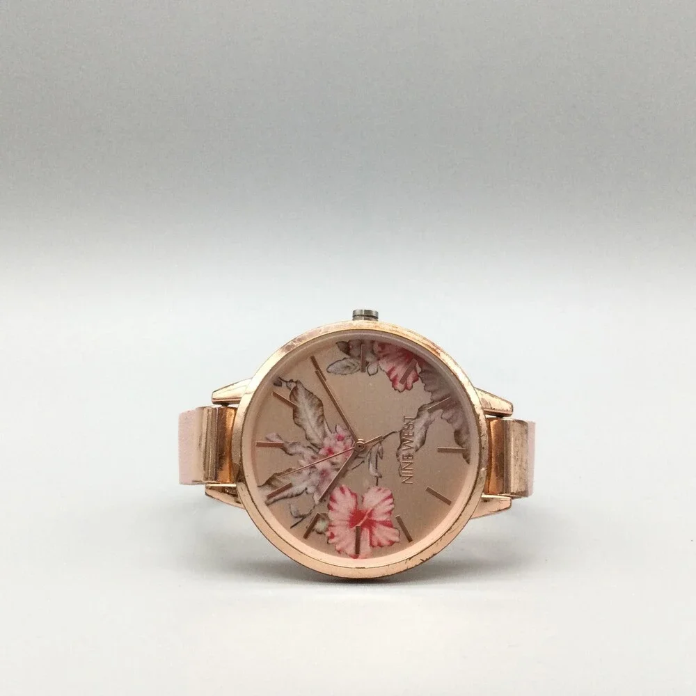 Nine West Womens Watch 38mm Floral Rose Gold Pink Leather NW/2044 New Battery